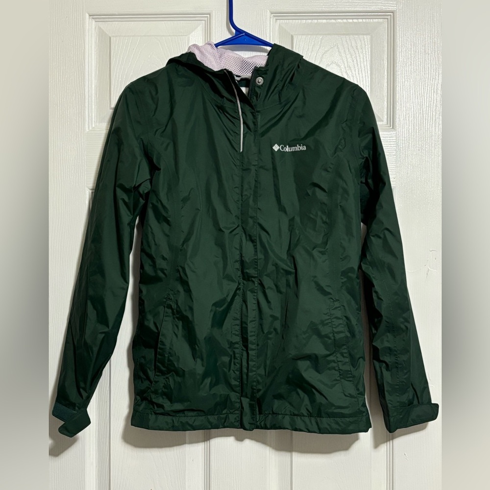 Columbia Windbreaker Sz L Youth Green Nylon Zip Up, Hood Lightweight Jacket EUC